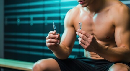 A muscular man holding a syringe and vial, possibly related to fitness or bodybuilding.