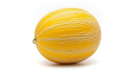 A vibrant yellow melon, perfectly ripe and ready to enjoy, set against a clean white backdrop.