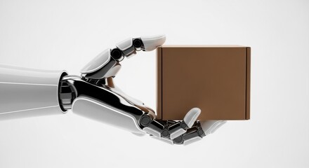 A chrome robotic hand holding a brown package against a white background.