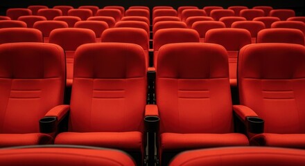 Red theater seats in a cinema, waiting for the audience to arrive and enjoy the show.