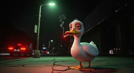 Cartoon duck smoking a cigarette on a city street at night