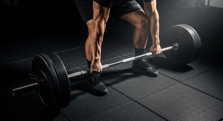 A muscular individual performing a deadlift with a heavy barbell in a dimly lit gym setting.
