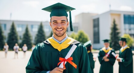 Happy graduate celebrates with his diploma after completing studies at university.