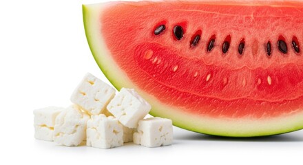 A vibrant slice of watermelon and creamy feta cheese on a white background.
