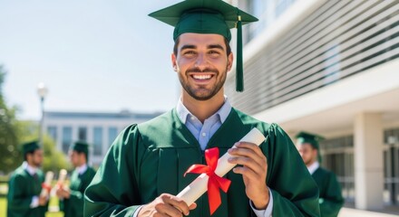 Happy graduate celebrates his achievement with a diploma and a bright smile on graduation day.