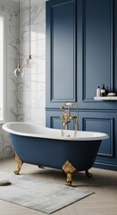 Elegant navy blue bathtub with gold accents in a luxurious bathroom setting.