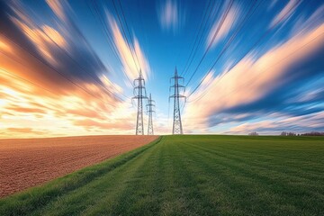 Power lines stretching across a vibrant green and brown field under a dynamic sunset sky with streaked clouds