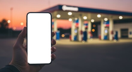 Smartphone with blank screen held at a gas station during sunset, ideal for mockups
