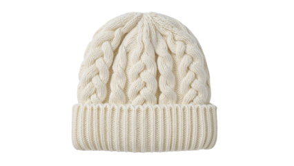 Cozy cream cable knit beanie with folded cuff isolated on the transparent background for winter fashion and accessories