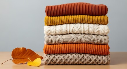 Cozy autumn comfort with a stack of warm colorful knitted sweaters on a table.