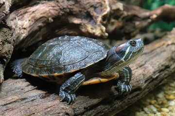 Obraz premium Mississippi redeared turtle resting on log in a zoo exhibit surrounded by natural habitat elements during the day under soft lighting