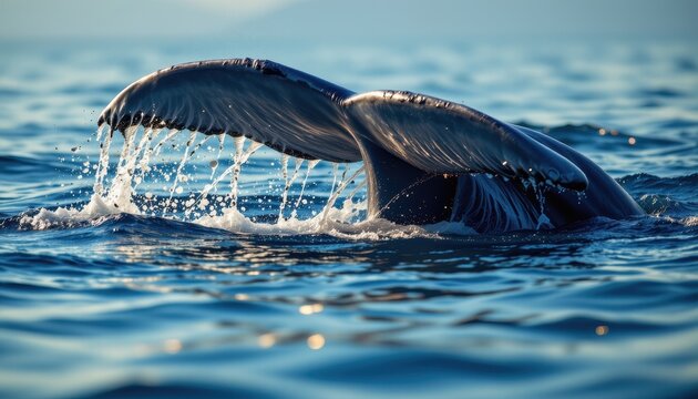 A luminous humpback whales fluke, breaching the cerulean surface, poised in its final descent, Eye level perspective, an intimate proximity capturing the enormity in simple, flat design style