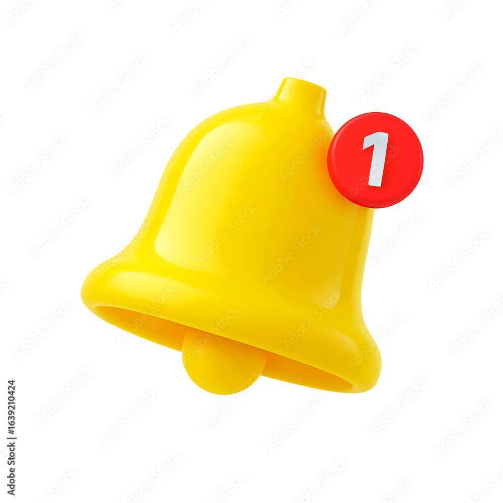Poster yellow notification bell with a red circle and number one isolated on transparent background