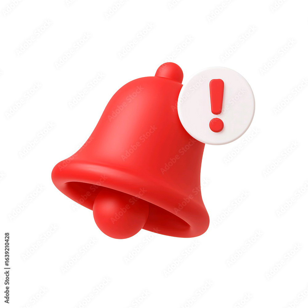 Poster red notification bell with exclamation mark alert isolated on transparent background
