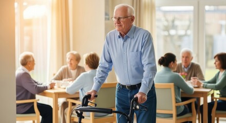 A senior man using a walker is standing while other seniors are sitting and conversing in a dining room.