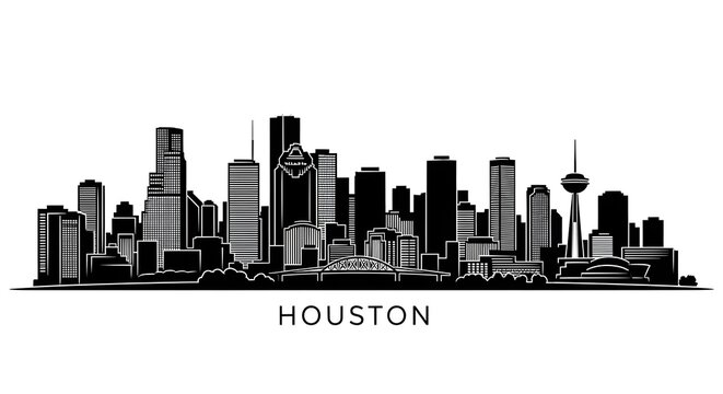 Houston Cityscape: A Striking Black and White Vector Silhouette with Iconic Landmarks