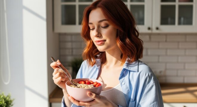 A redhead woman enjoys a healthy oatmeal breakfast in a sunny kitchen setting.