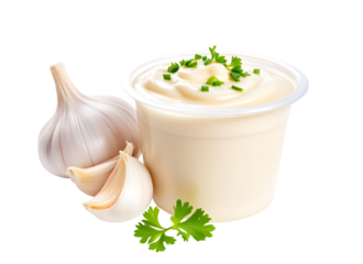A small plastic container of creamy garlic sauce or dip, garnished with chopped chives, next to a whole garlic bulb and a few cloves. Isolated on transparent background

