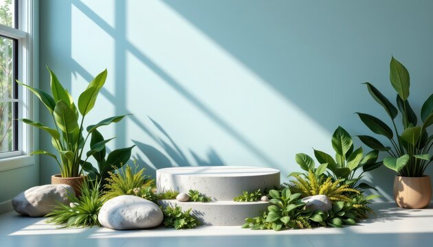 Empty podium, a natural mock up display presenting blank eco plants stand – envision cosmetic product or fashion, positioned on a minimal arrangement of green leaves, herbs, and smooth stone