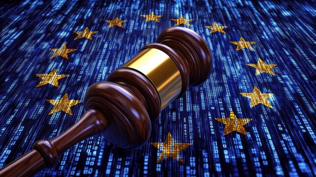 Wooden judge gavel with golden band lying on digital binary code background featuring a circle of yellow stars symbolizing a union or alliance, representing law and technology - Powered by Adobe