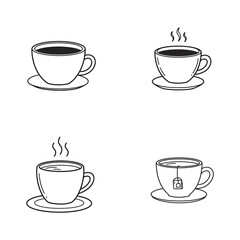 Four Hand Drawn Tea and Coffee Cups with Steam on White Background