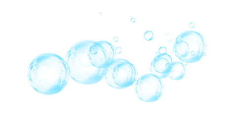 Transparent blue soap bubbles with glossy surface, floating in the air with light reflection. Delicate round sphere with crystal clear liquid drop effect. Shiny water element, clean and bright, flying