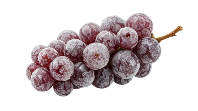 Frozen red grape bunch isolated on the transparent background with frost texture for healthy fresh food and dessert concepts