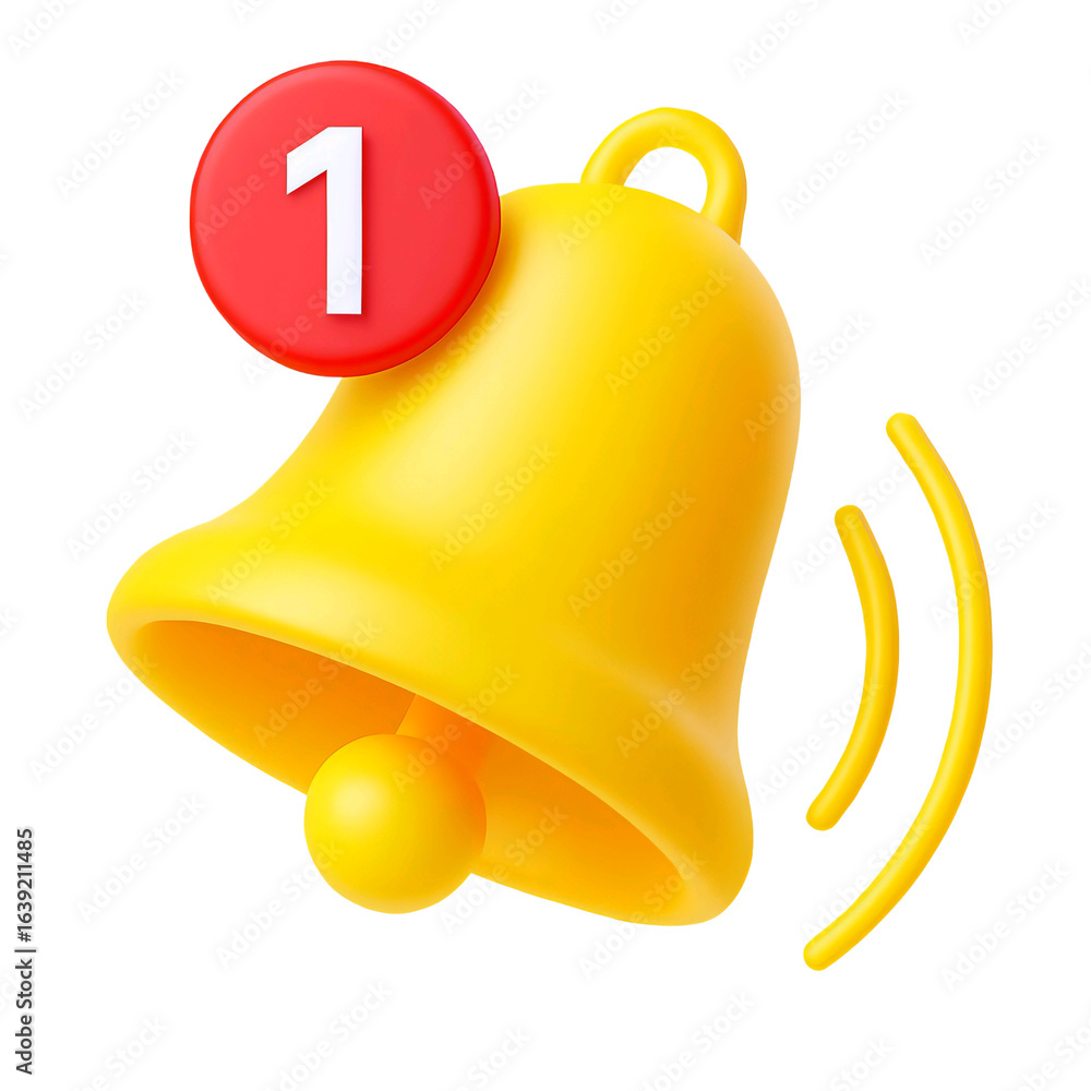 Poster yellow notification bell with number one badge isolated on transparent background