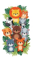 Naklejka premium A charming cartoon scene featuring a group of playful jungle animals surrounded by vibrant greenery.