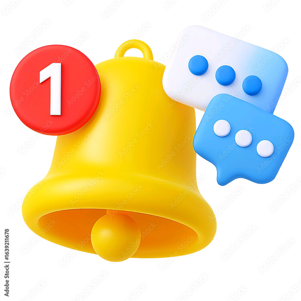 Poster yellow notification bell with message bubbles and a red alert badge isolated on transparent backgrou