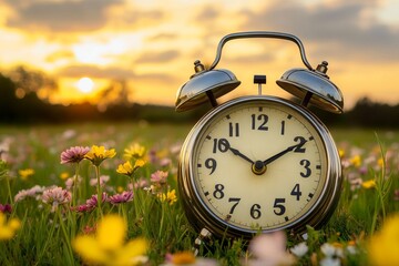 Vintage alarm clock in blooming flower meadow at golden sunrise symbolizing time and nature harmony