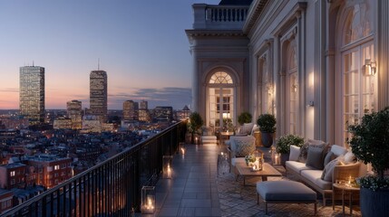 Elegant balcony with cozy seating and stunning city skyline at twilight, showcasing urban lifestyle and luxurious living