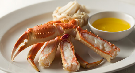 Delicious crab legs served with melted butter on a white plate
