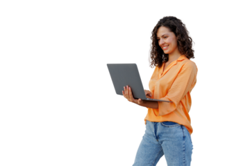 Young woman working remotely using laptop, enjoying flexibility and freedom of freelance career, on a transparent background