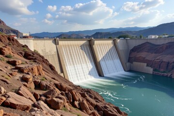 large hydropower dams transform raw falling water into electricity with giant turbines connected to generators delivering renewable energy on a vast scale to urban areas