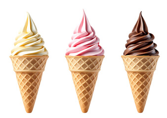 Set of Vanilla, Strawberry and Chocolate Soft Serve Ice Cream Cones Isolated on transparent background
