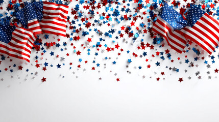 Obraz premium American flags and confetti stars on a white background. US Independence Day, US Labor Day. Election Day in the USA. America Day. Festive Mood on President's Day