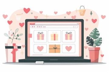 Flat design illustration of an online store selling romantic gifts, with hearts, presents, and plants surrounding a laptop screen.