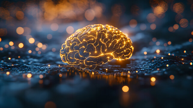 A golden molecular structure of spermidine floating above a brain-shaped nebula, glowing with energy.