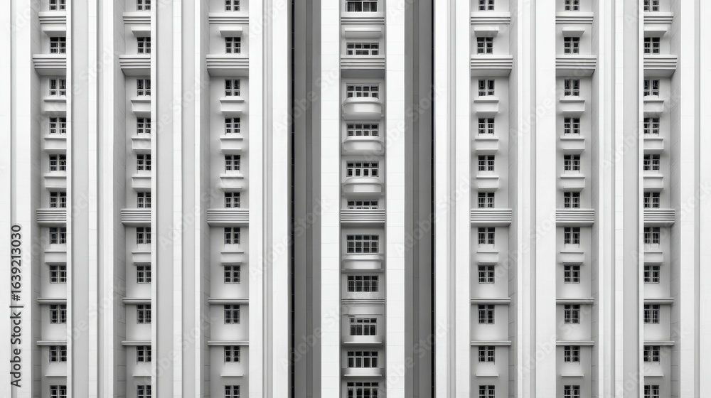 Poster Modern Architectural Design with Symmetrical White Facade and Repetitive Window Patterns in Urban Environment