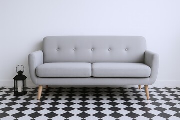 Modern Light Gray Tufted Sofa with Black Lantern and Checkerboard Floor in a Minimalist Interior Setting