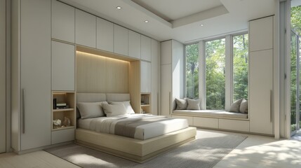 Fototapeta premium Stylish modern bedroom interior design with large windows and natural light in contemporary home setting