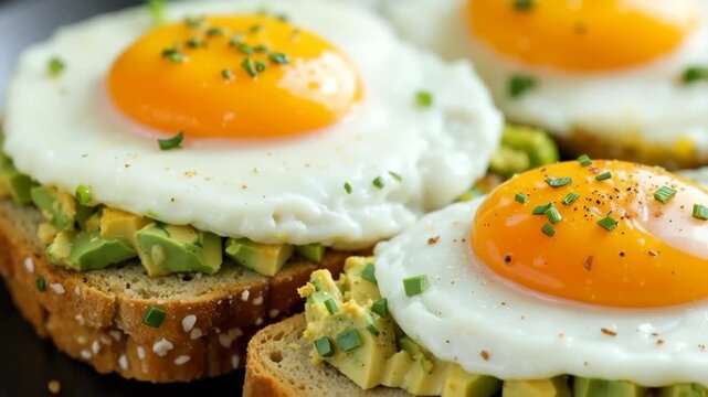 Sunny side up fried eggs with chives on avocado toast for a healthy breakfast.