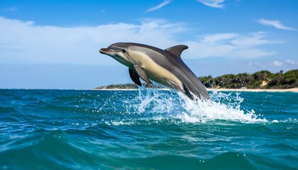Fototapeta premium Leaping Dolphin Against Azure Sky and Turquoise Sea with Distant Shoreline