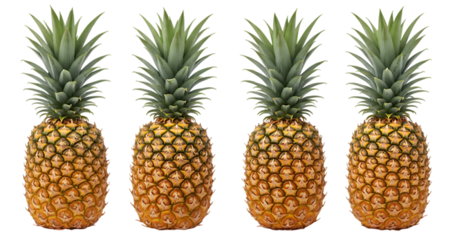 Four fresh whole pineapples in a row Isolated on transparent background

