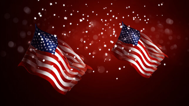 American flags and confetti stars on a red background. US Independence Day, US Labor Day. Election Day in the USA. America Day. Festive Mood on President's Day