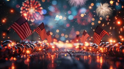 Festive American flags surrounded by glowing lights and fireworks against a blurred night background, symbolizing patriotism and national pride.