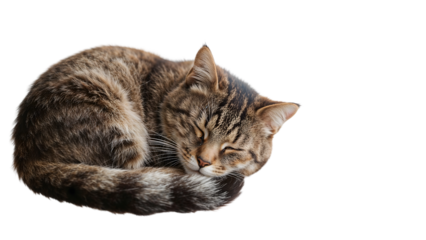 Peaceful tabby cat curled up sleeping isolated on the transparent background, resting feline pet in cozy position, calm animal concept
