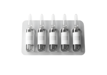 Five medical ampoules in a blister pack, Isolated on transparent background

