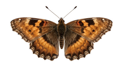 Fototapeta premium Closeup of a brown butterfly with spread wings on the transparent background, detailed patterns, insect, nature, wildlife, macro, entomology, symmetry